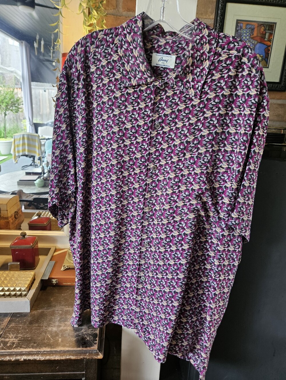 Vintage Brioni Purple/Maustard/Cream/Black Rayon Geometric Button-Down Shirt